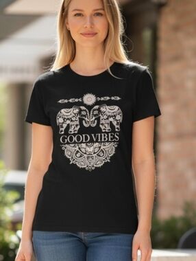 Women's Reserved Black XL Short Sleeve Tee with Elephant Graphic